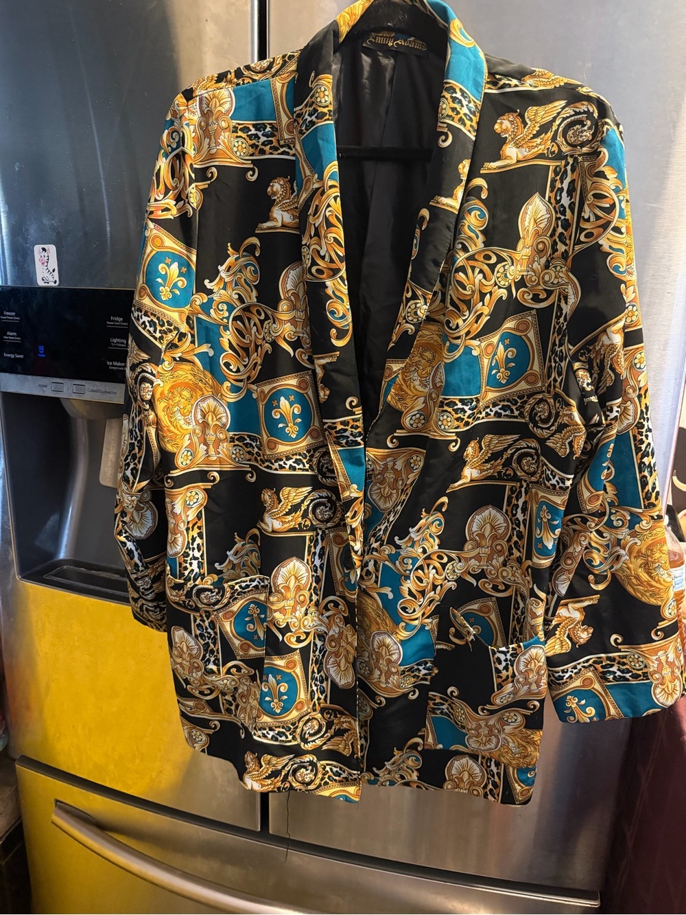 Baroque-Print Shawl Collar Blazer in Black, Teal & Gold